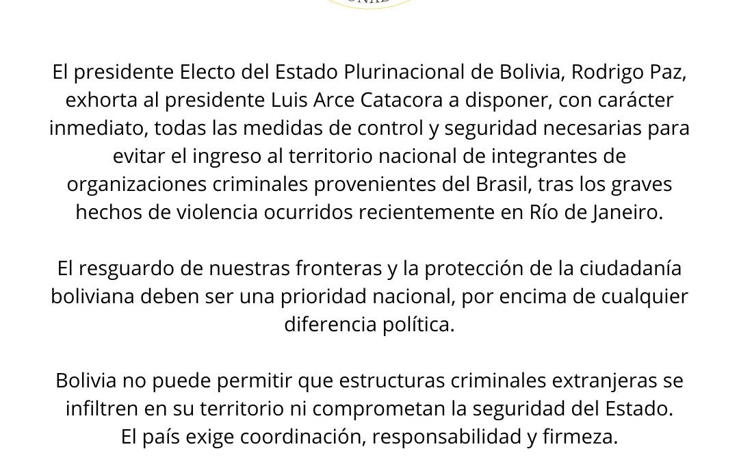 TRAS LA VIOLENCIA EN RÍO, RODRIGO PAZ EXIGE REFORZAR FRONTERAS CON BRASIL